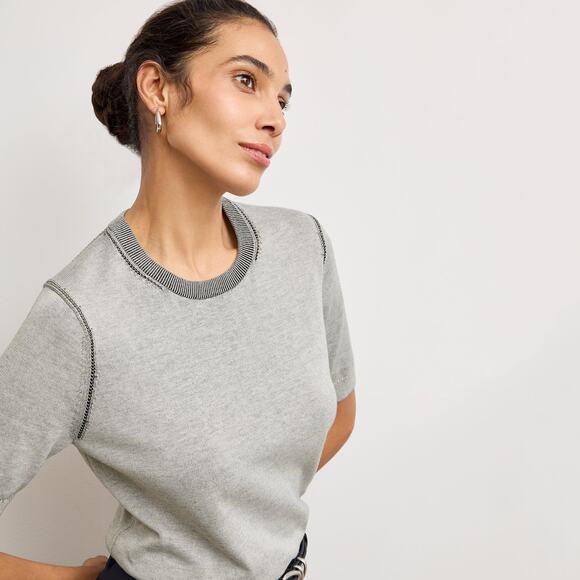 MM Lafleur Tops - Large M.M. LaFleur Becca Pointelle Tee 365 Cotton Silk Knit Light Grey / Black